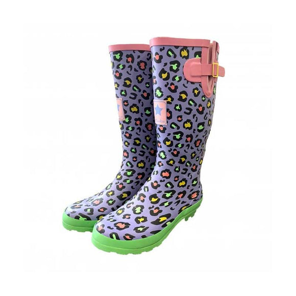 Two Tone Womens Leopard Print Tall Printed Wellies - Purple